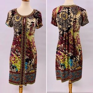 ICE Multicolored Beaded Printed Short Sleeve Dress